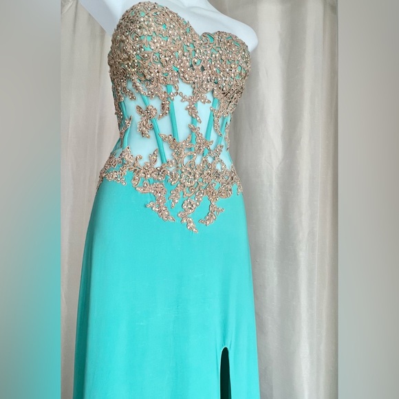 Prom Gown Glow by Colors Size 6, Tiffany Turquoise with Rose Gold Lace Bodice - Picture 9 of 17
